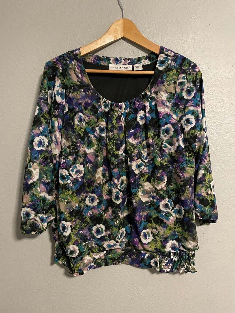 Sag Harbor Womens Top Size Small Floral Pleated 3/4 Sleeve Smocked Boho